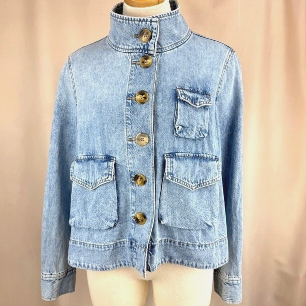 LOFT Womens Denim Chore Jacket|L|NWT Light Wash Stand Collar Cropped Utility